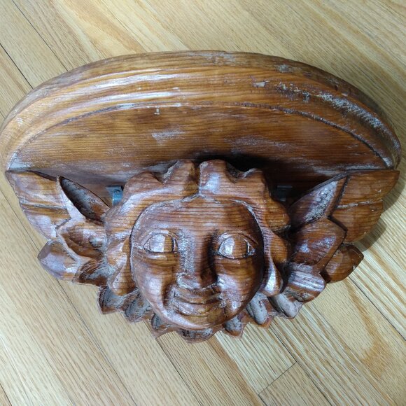 Vintage Cherub Carved Wood Angel Shelf Wall Mounted Altar Chunky Smiling Happy - Picture 1 of 16